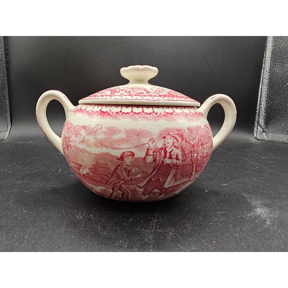 Homer Laughlin Currier & Ives Red Transferware Lidded Sugar Bowl Vintage